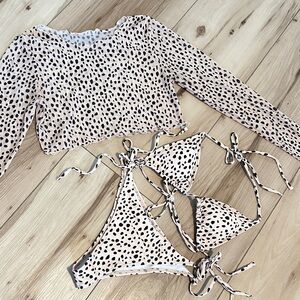 Leopard Print Long Sleeve Sheer cover up top with Tie Bikini Set